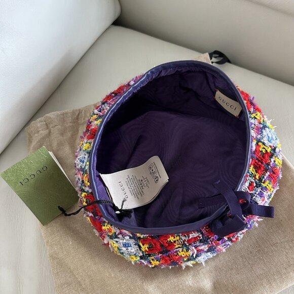 NWT GUCCI LAME BERET CAP Check Lame Sz L Multicolour Violet Tweed - Picture 8 of 14